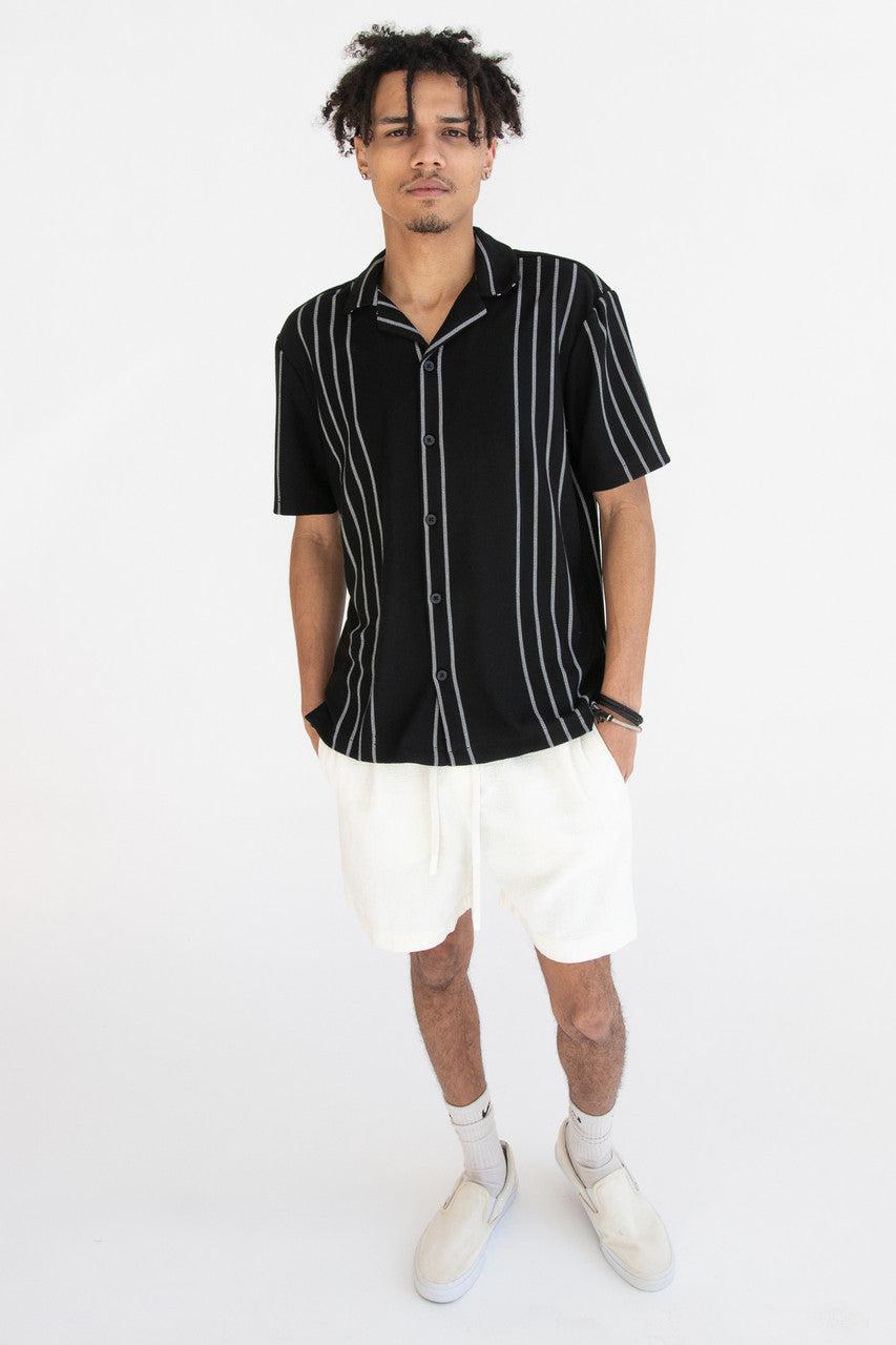 Ribbed White Stripe Black Button Up Shirt Product Image