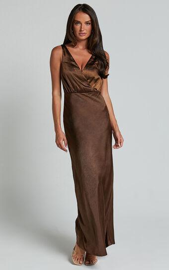 Melodie Midi Dress - V Neck Satin Slip Dress in Chocolate Product Image