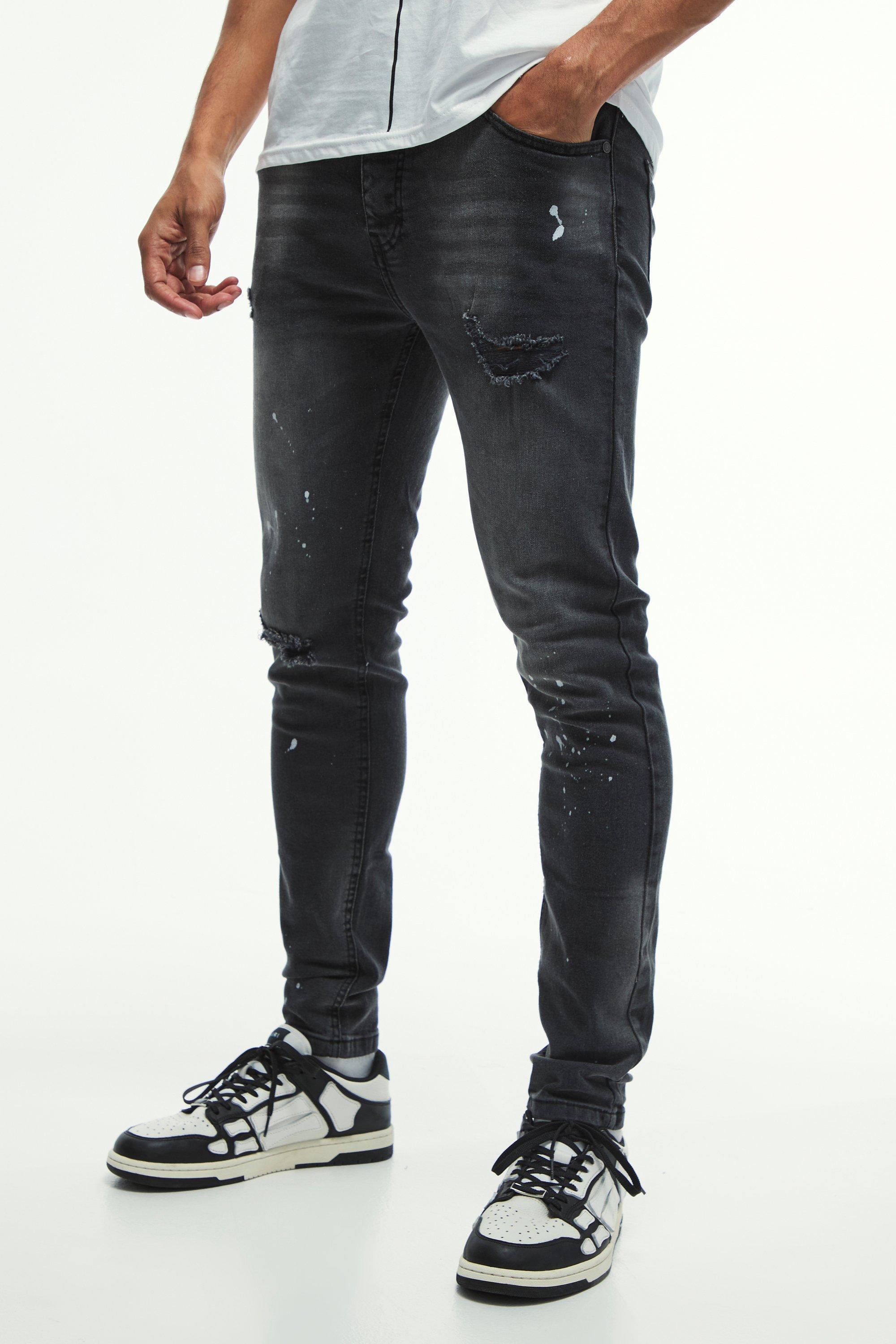 Skinny Stretch Knee Rip Paint Splatter Jeans | boohooMAN USA Product Image