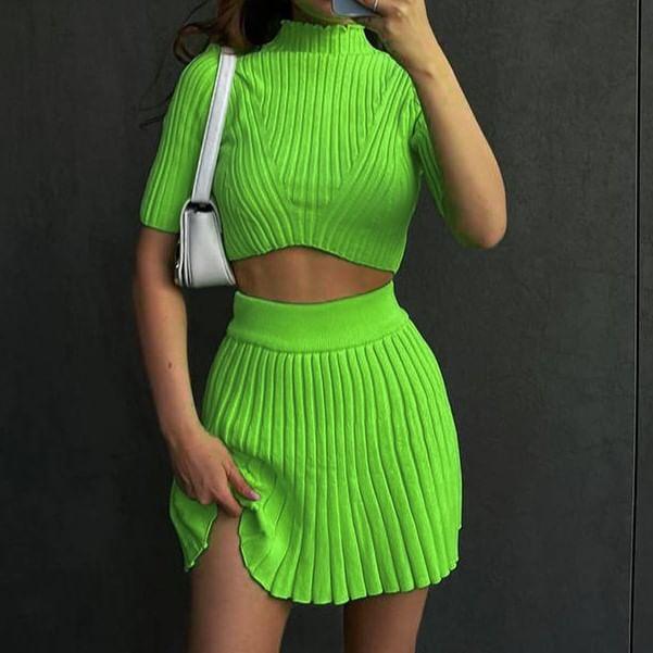 Set: Short-Sleeve High Neck Plain Ribbed Crop Knit Top + High Waist Pleated Mini A-Line Skirt Product Image