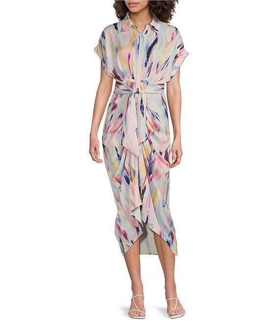 Steve Madden Tori Watercolor Print Point Collar Short Kimono Cuff Sleeve Ruched Front Asymmetrical Hem Midi Shirt Dress Product Image