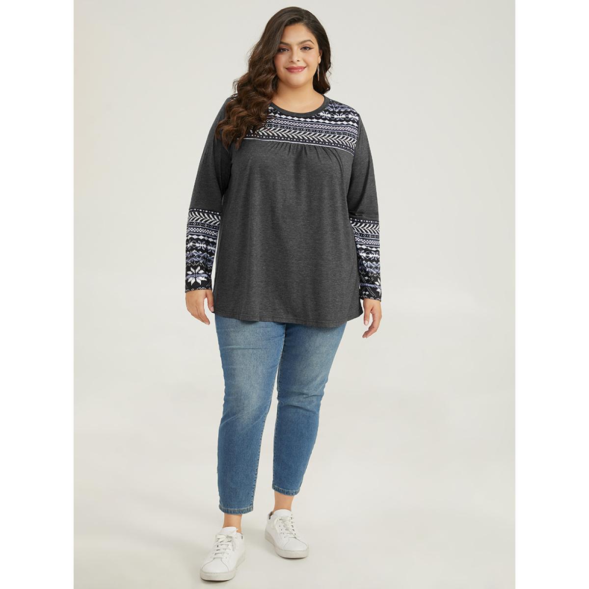 Plus Size Boho Print Round Neck Gathered T-shirt Gray Women Casual Patchwork Bohemian Print Round Neck Dailywear T-shirts BloomChic 12/L Product Image