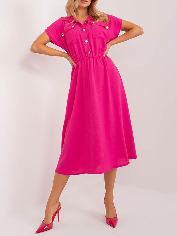 A-Line High Waisted Buttoned Pleated Solid Color Lapel Midi Dresses Product Image