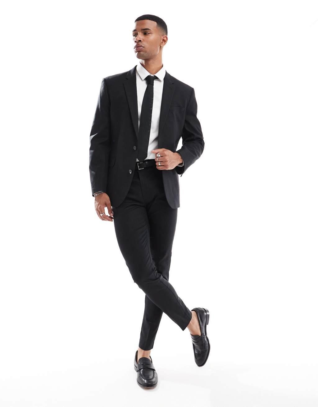 ASOS DESIGN skinny linen mix suit jacket in black Product Image