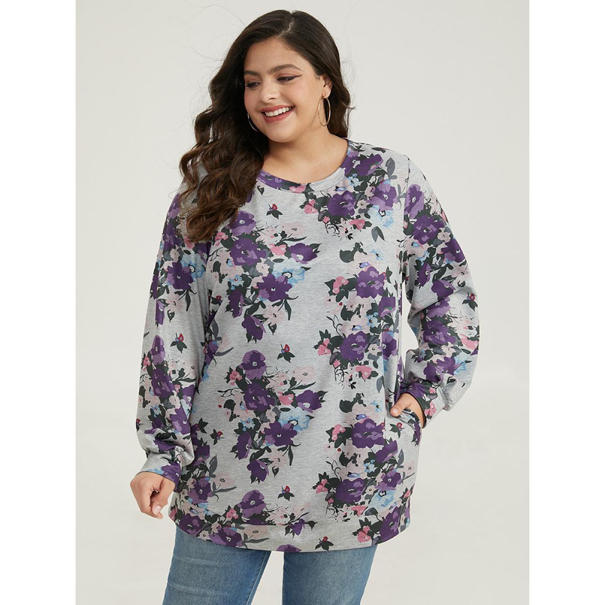 Plus Size Floral Print Pocket Sweatshirt Women DimGray Casual Printed Round Neck Dailywear Sweatshirts BloomChic 10/M Product Image