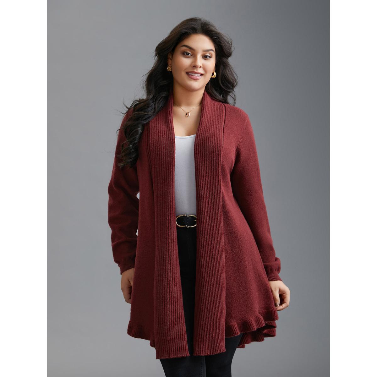 Plus Size Kimono Collar Texture Knit Ruffle Hem Cardigan Deepred Women Casual Loose Long Sleeve Everyday Cardigans BloomChic 28/5X Product Image