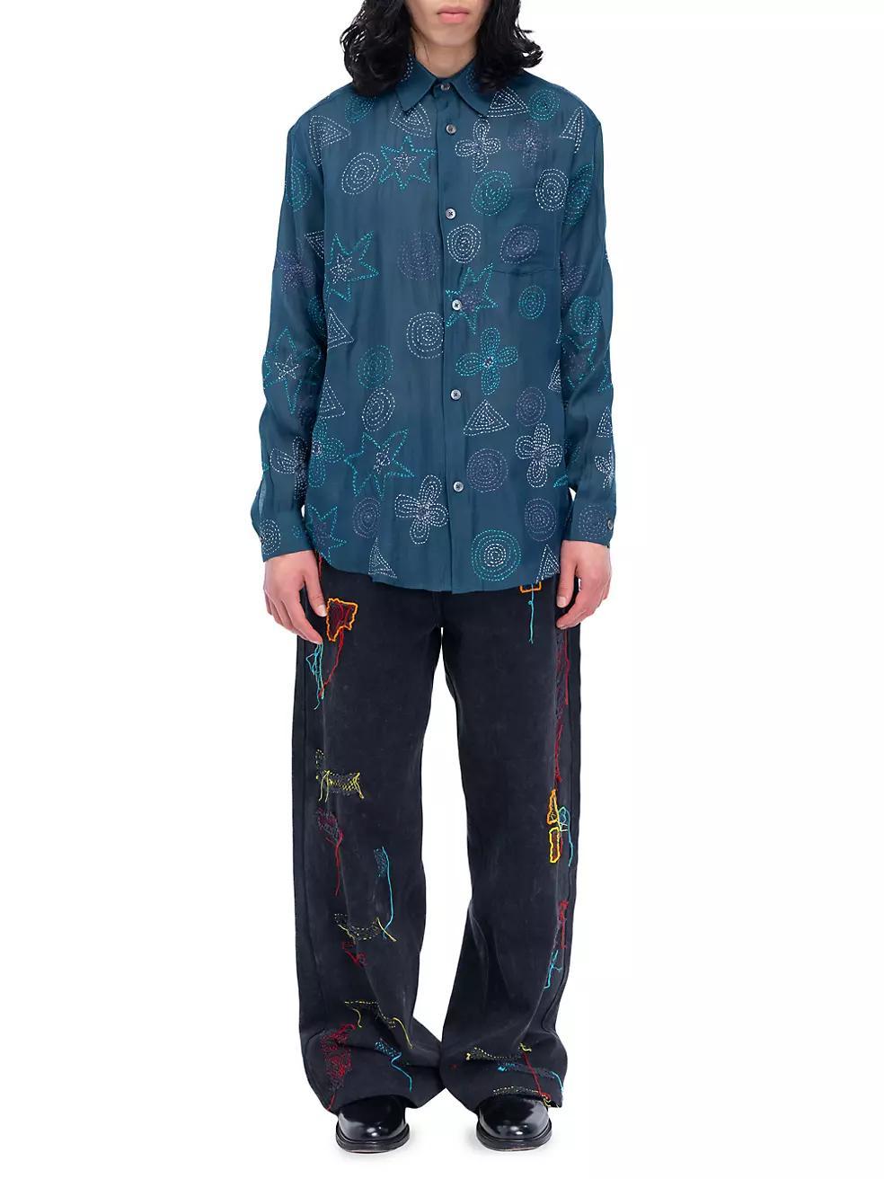 Floral-Embroidered Button-Front Shirt Product Image