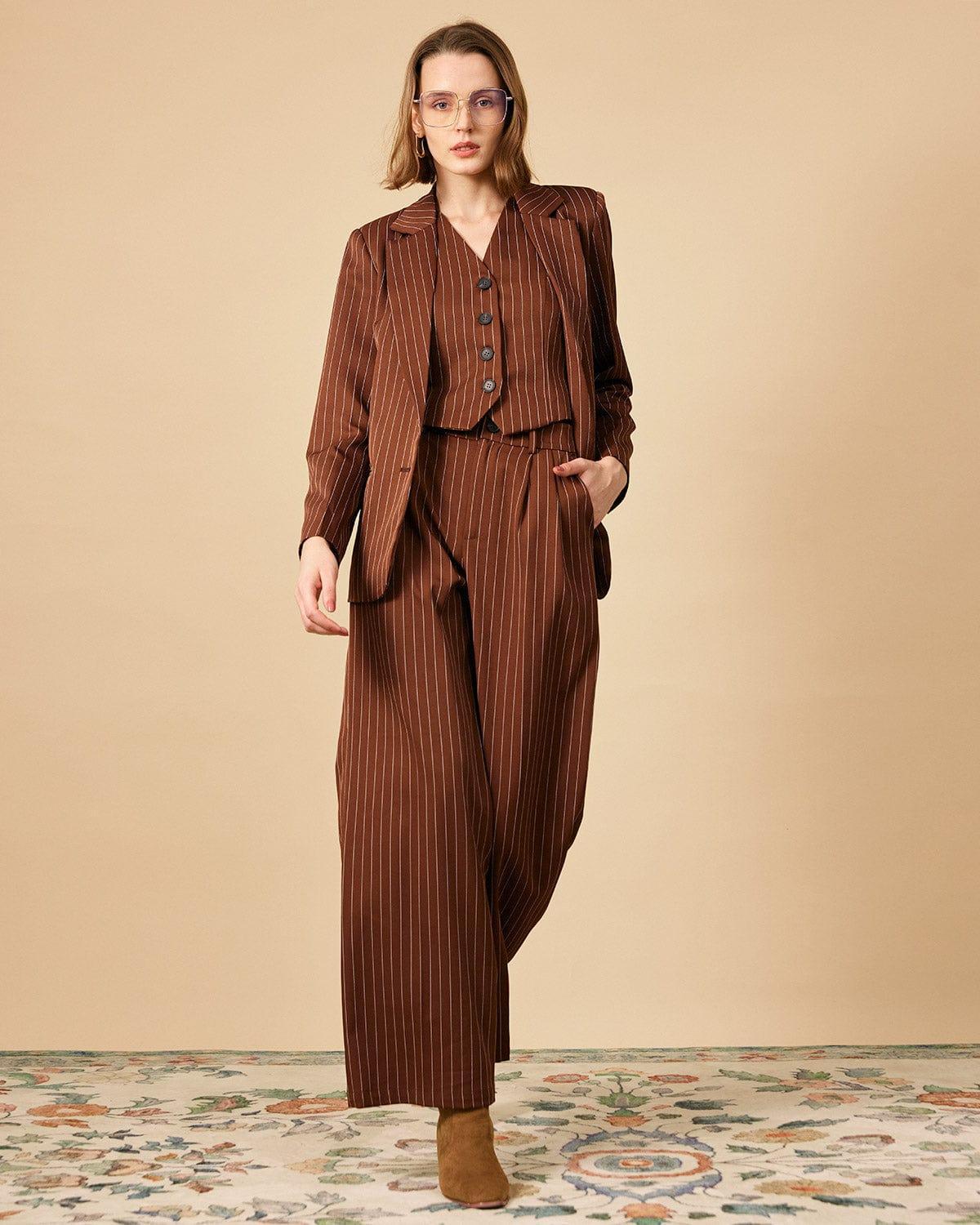 The Brown Striped One Button Collared Blazer Female Product Image