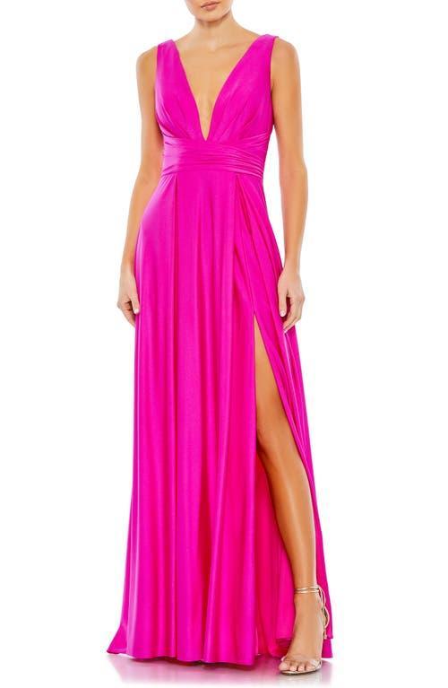 Mac Duggal Pleated Deep V-Neck Sleeveless Empire Waist Thigh High Slit A-Line Gown Product Image