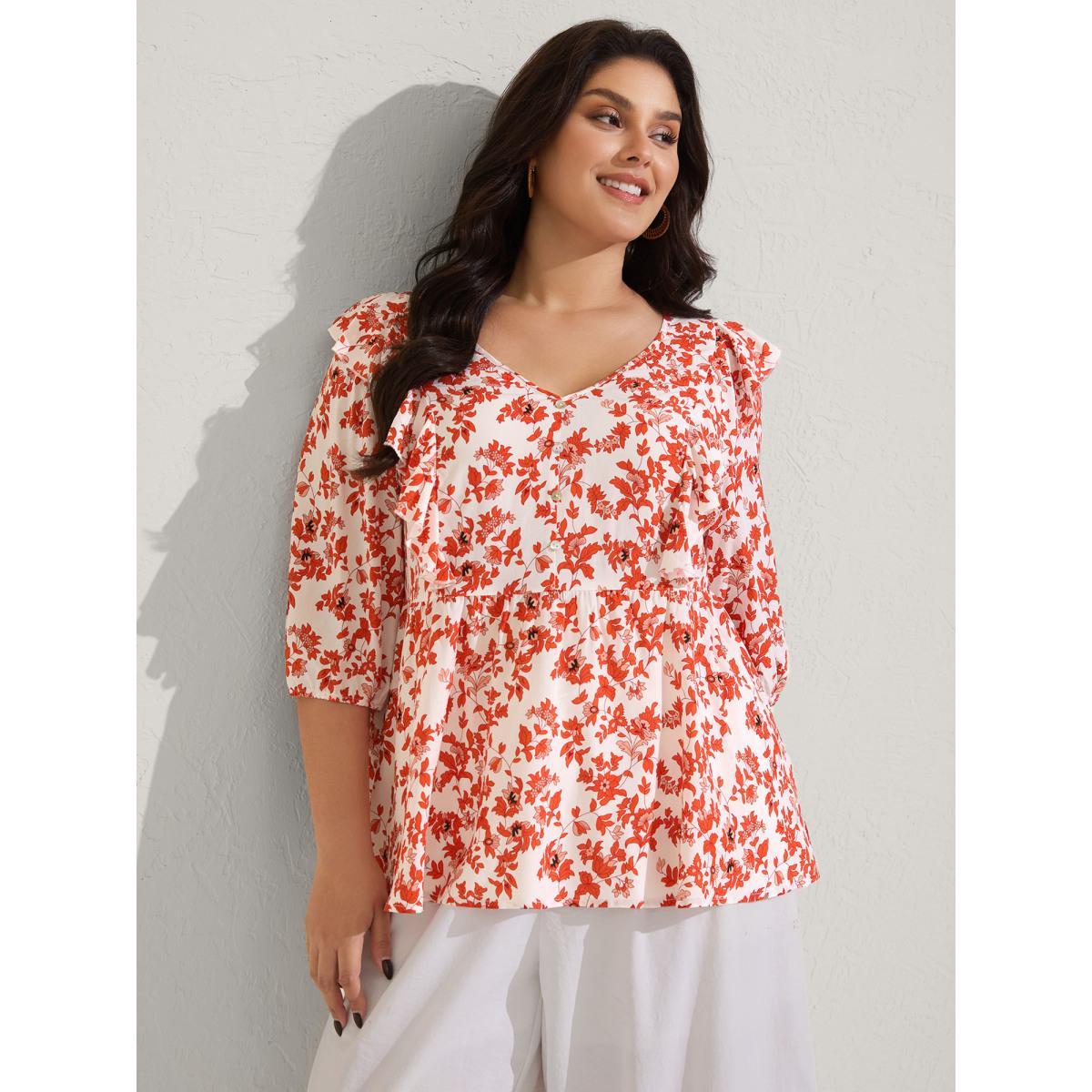 Plus Size Multicolor Sunkissed Florals Ruffled Trim Blouse Women Elbow-length sleeve V-neck Vacation Blouses BloomChic 28/5X Product Image