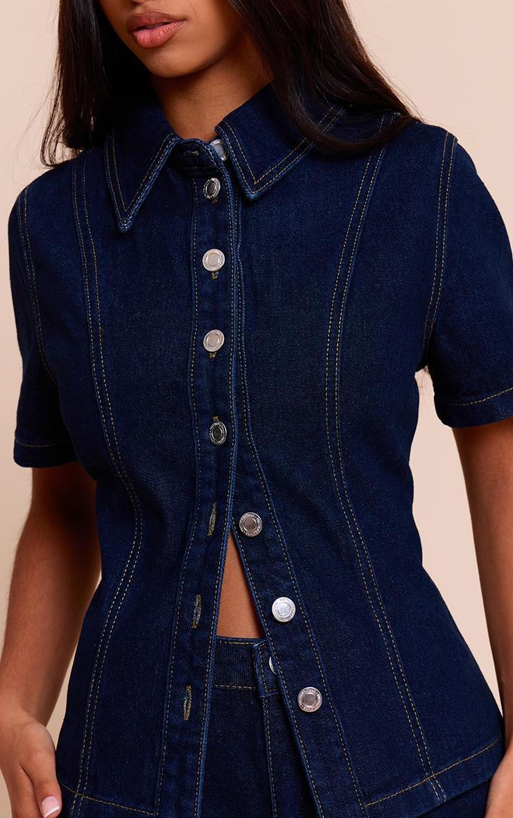  Petite Indigo Denim Button Up Short Sleeve Shirt Product Image