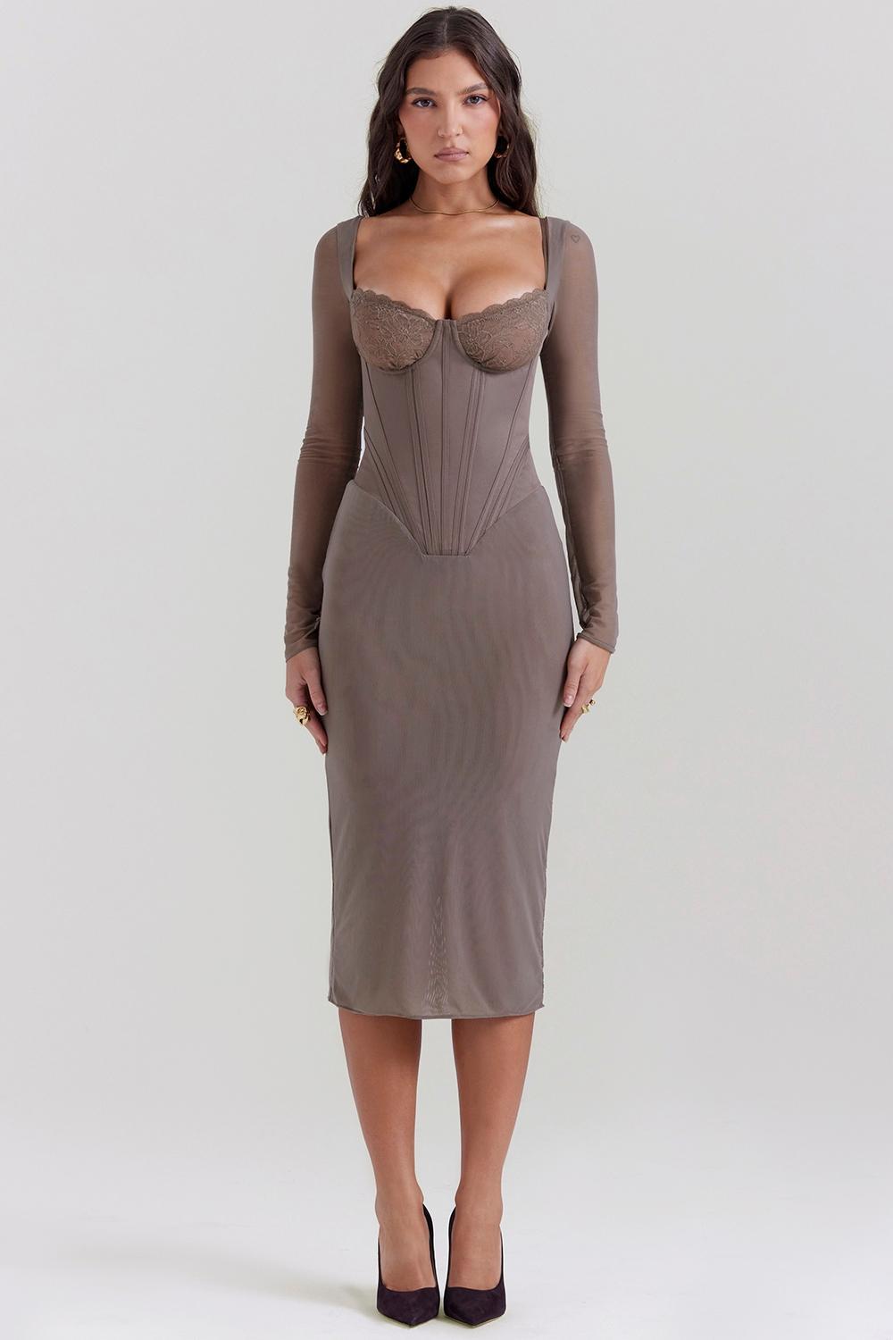 Safran Mocha Corset Midi Dress Product Image