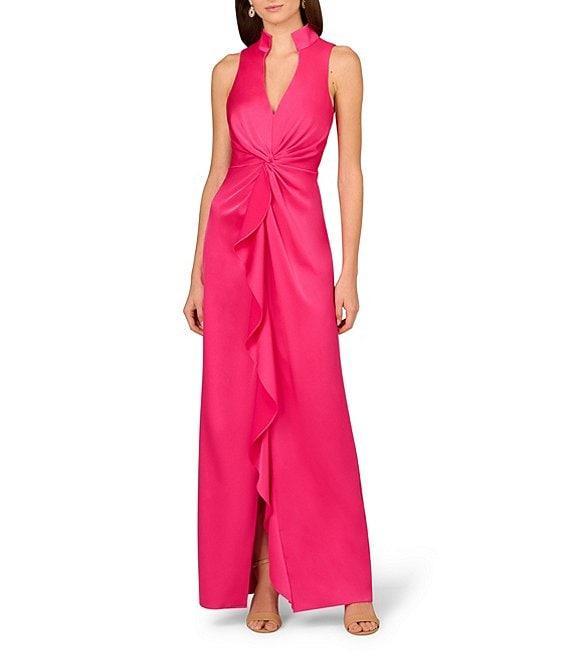 Aidan Mattox Satin V-Neck Twist Front with Cascading Ruffle Gown Product Image