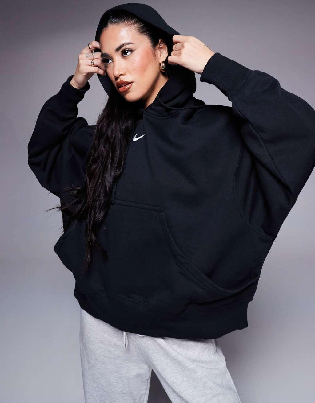 Nike Phoenix Fleece super oversized hoodie in black Product Image