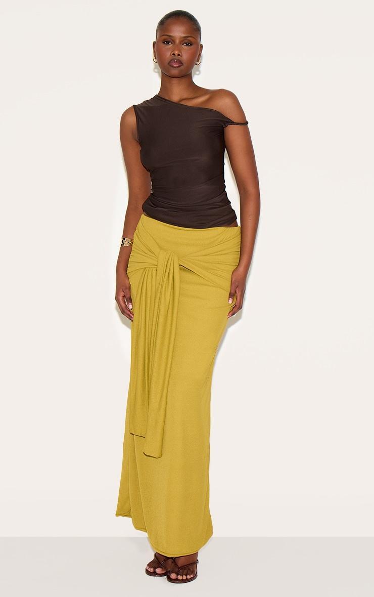 Olive Double Layer Burnout Mesh Wrap Front Maxi Skirt Product Image