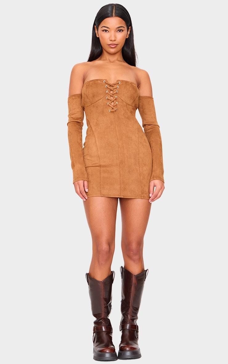 Tan Faux Suede Lace Up Detail Bardot Bodycon Dress Product Image