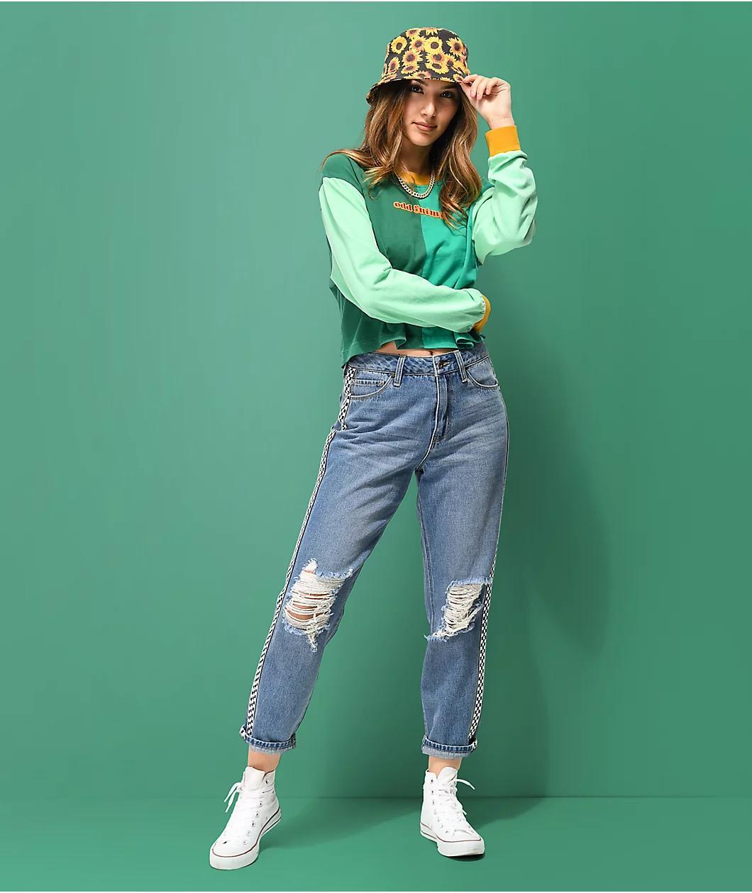 Empyre Eileen Checkered Striped Light Wash Mom Jeans Product Image