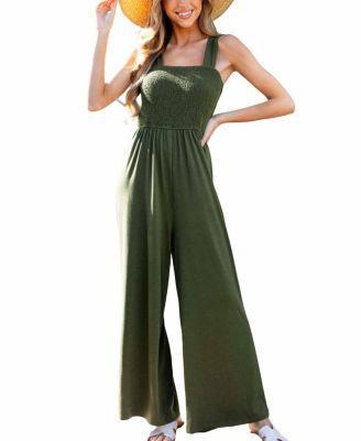 Womens Olive Square Neck Smocked Bodice Wide Leg Jumpsuit Product Image