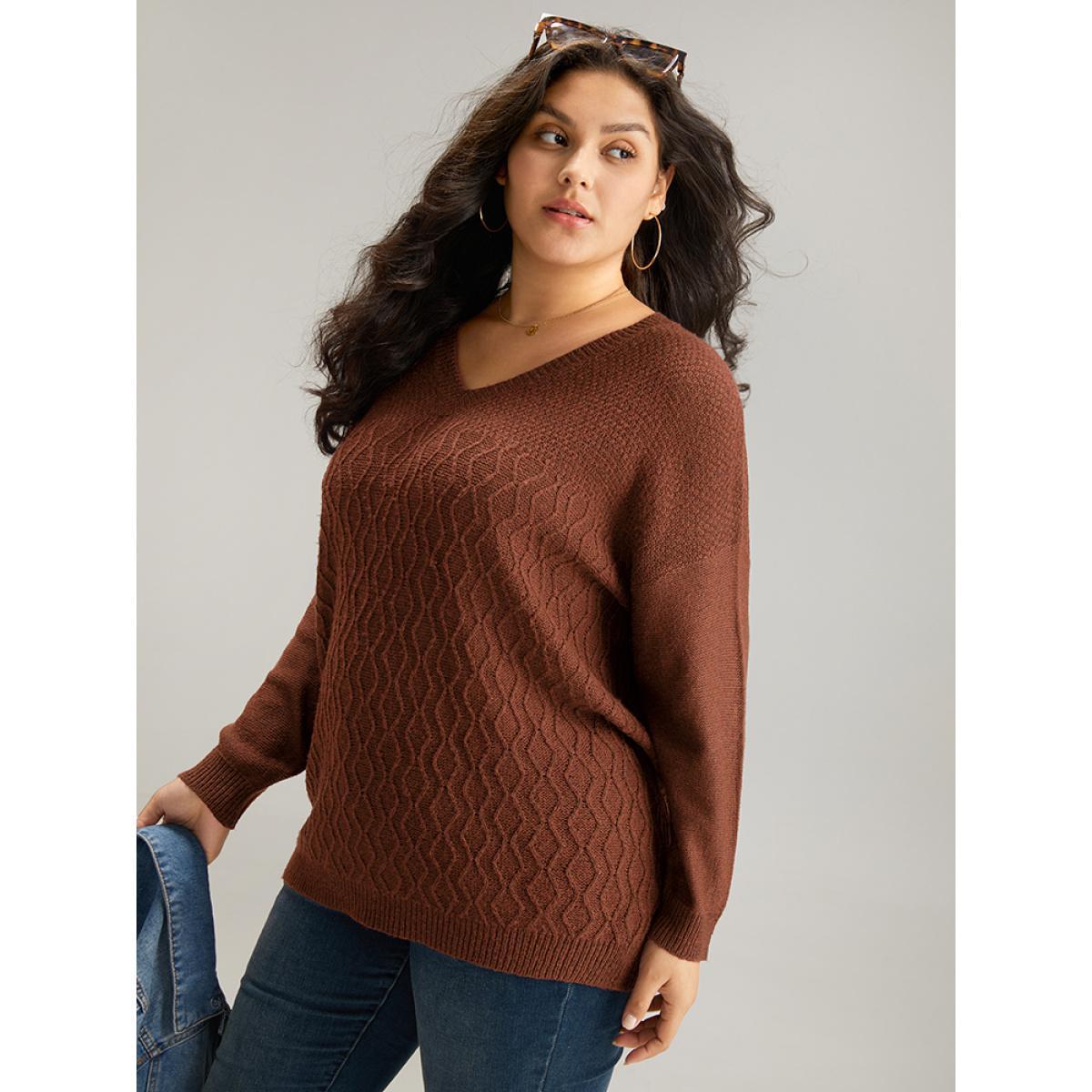 Plus Size Plisse Solid Drop Shoulder Pullover RedViolet Women Casual Loose Long Sleeve V-neck Dailywear Pullovers BloomChic 18-20/2X Product Image