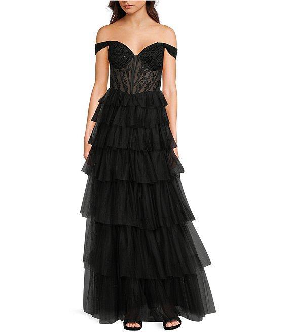 Blondie Nites Mesh Off-The-Shoulder Corset Tie Back Ruffle A-Line Gown Product Image