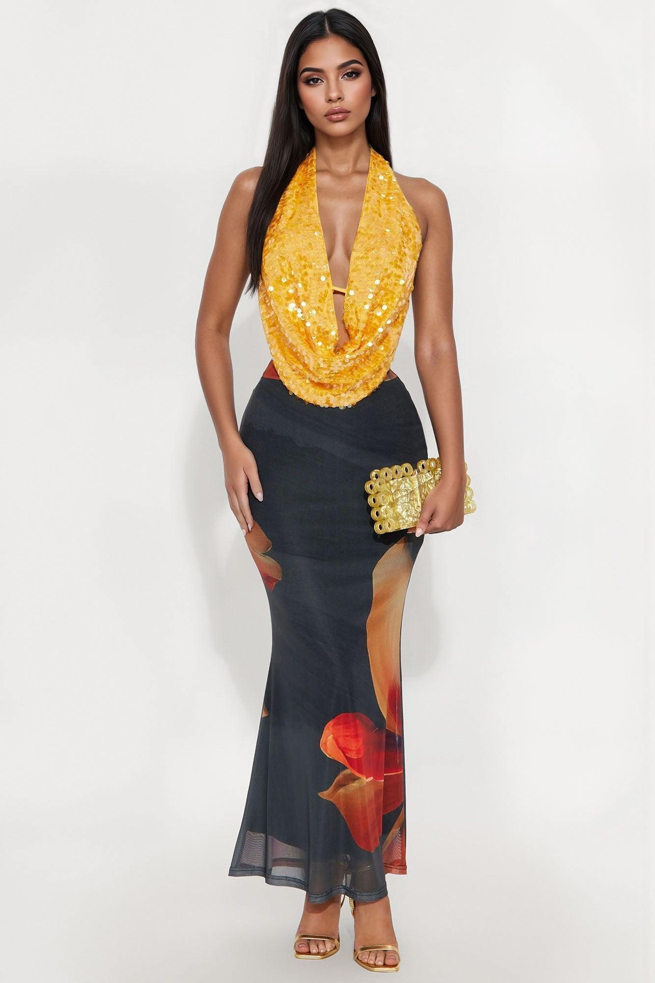 Sunset Skies Sequin Halter Top - Orange Female Product Image