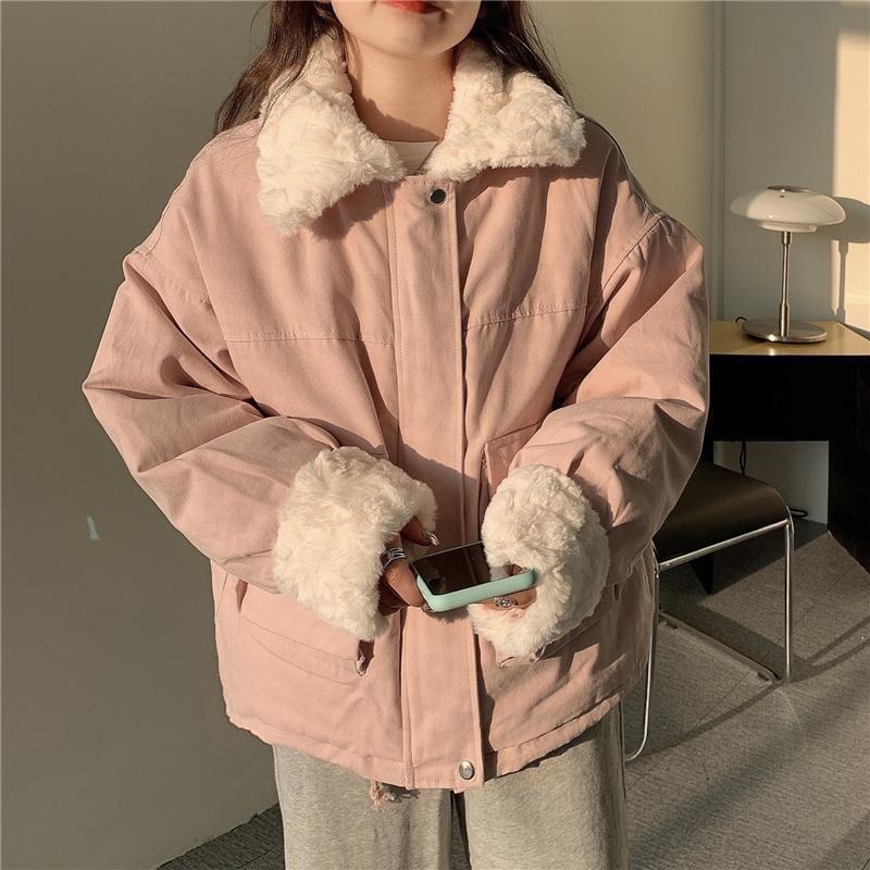 Plain Fluffy Trim Pocket Detail Zip Jacket Product Image