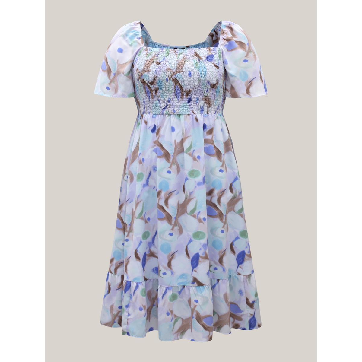 Plus Size Floral Pattern Shirred Pockets Midi Dress LightBlue Women Square Neck Short sleeve Curvy BloomChic 30/6X Product Image