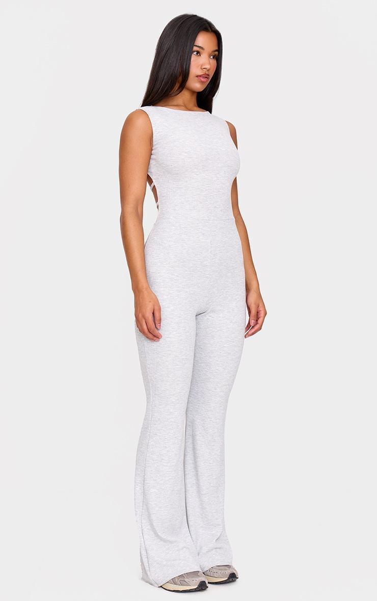 Grey Marl Rib Open Back Straight Leg Jumpsuit Product Image