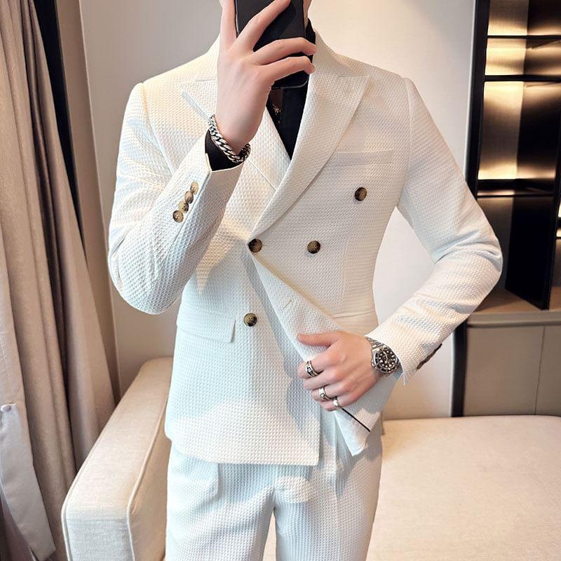 Plain Double-Breasted Blazer / High Waist Straight Leg Dress Pants / Set Product Image