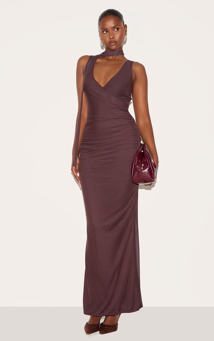 Chocolate Mesh V Neck Wrap Maxi Dress Product Image