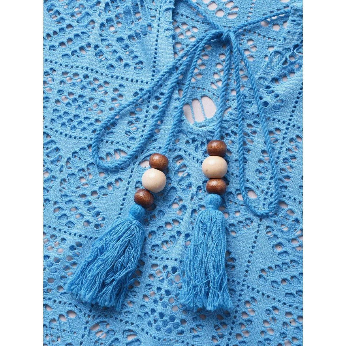 Plus Size Cut Out Tassel Trim Split Hem Midi Dress Skyblue Women Resort Flat collar with V-notch Half Sleeve Curvy BloomChic 22-24/3X Product Image