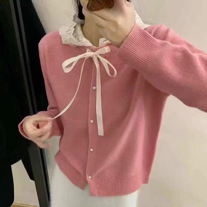 Plain Hooded Bow Lace Trim Cardigan Product Image