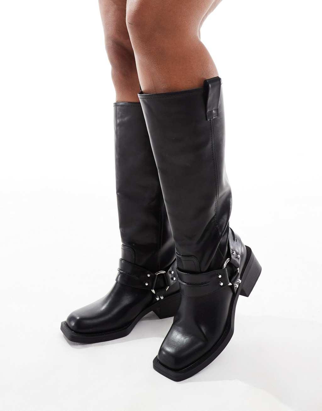 ASOS DESIGN Curve Camila flat biker harness knee boots in black Product Image