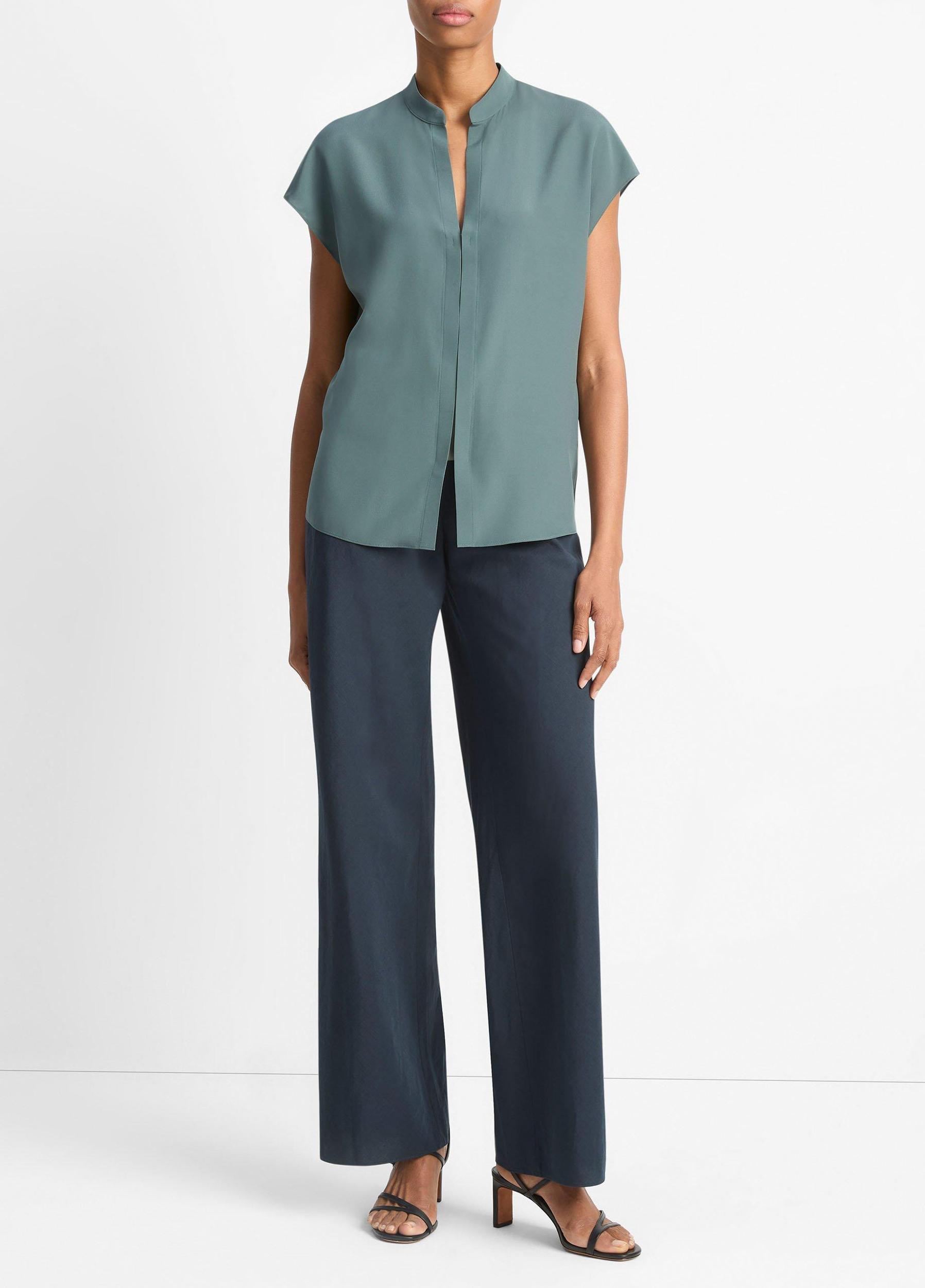 Contrast-Placket Stretch-Silk Cap-Sleeve Blouse Product Image