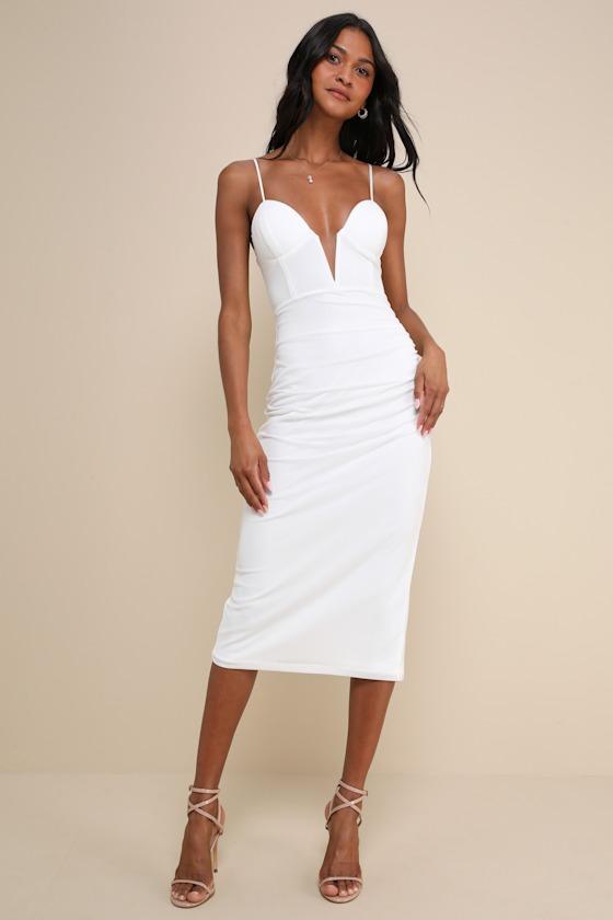 Uniquely Sophisticated White Bodycon Bustier Midi Dress Product Image