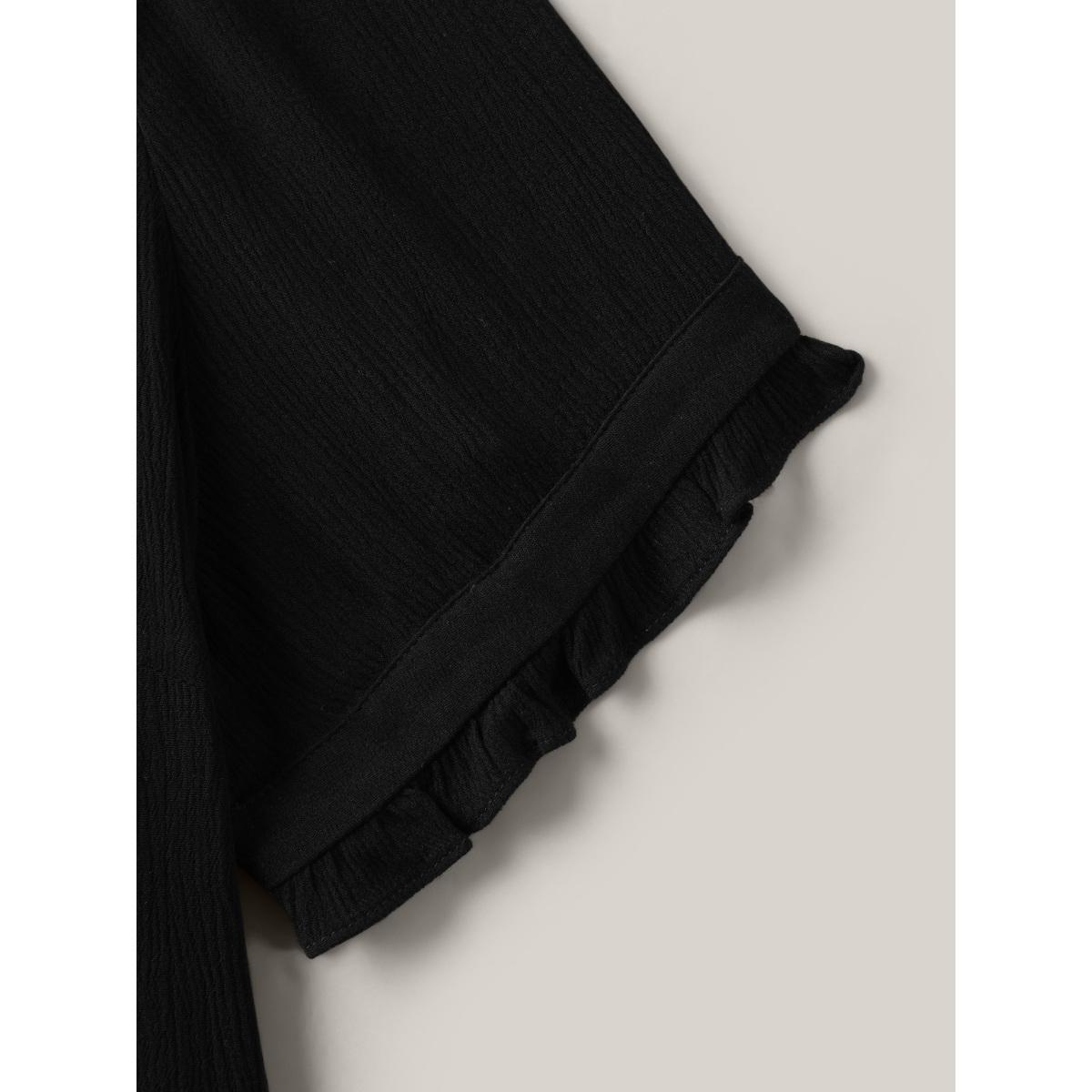 Plus Size Black Textured Button Detail Pleated Solid Top Women Short sleeve Round Neck Everyday-Elegant Blouses BloomChic 22-24/3X Product Image