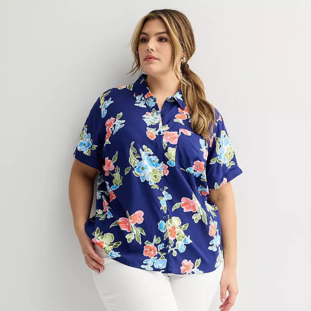 Plus Size Croft & Barrow® Camp Shirt, Women's, Size: 0X, Blue Floral Wash Product Image