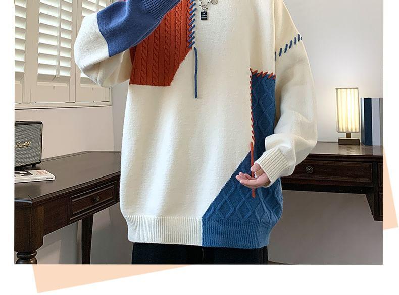 Crew Neck Color Block Cable Knit Panel Sweater Product Image