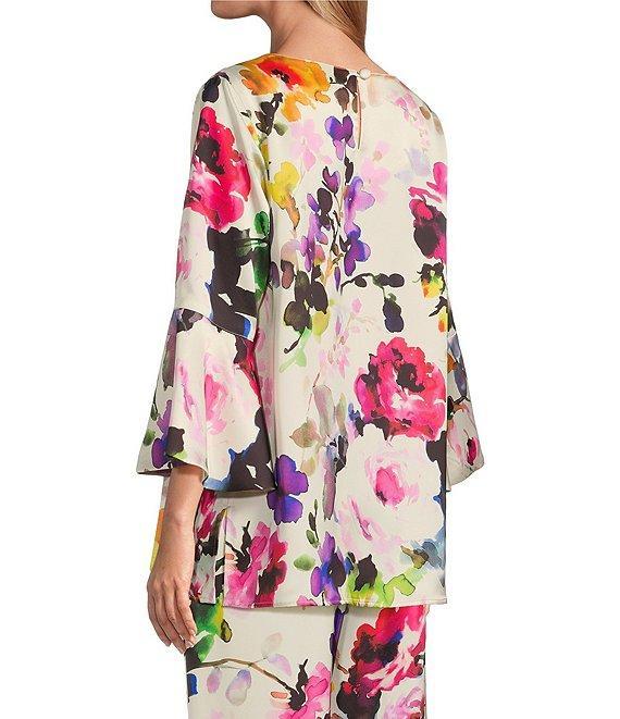 Caroline Rose Bella Floral Satin Scoop Neck 3/4 Soft Bell Sleeve Coordinating A-Line Tunic Product Image