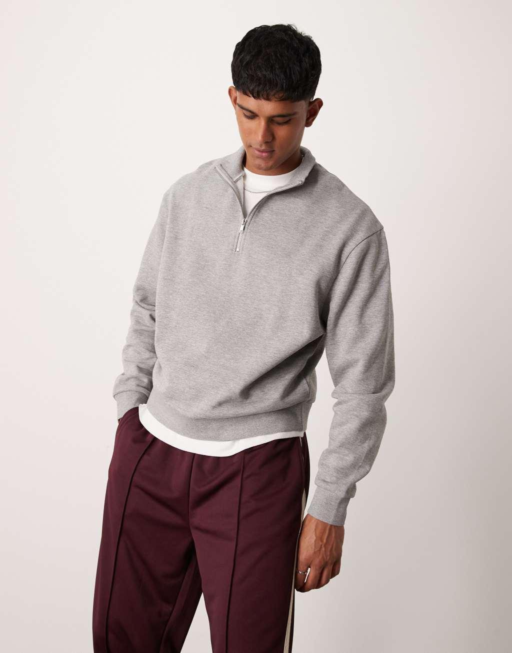 ASOS DESIGN essential boxy oversized sweatshirt with quarter zip in gray heather Product Image