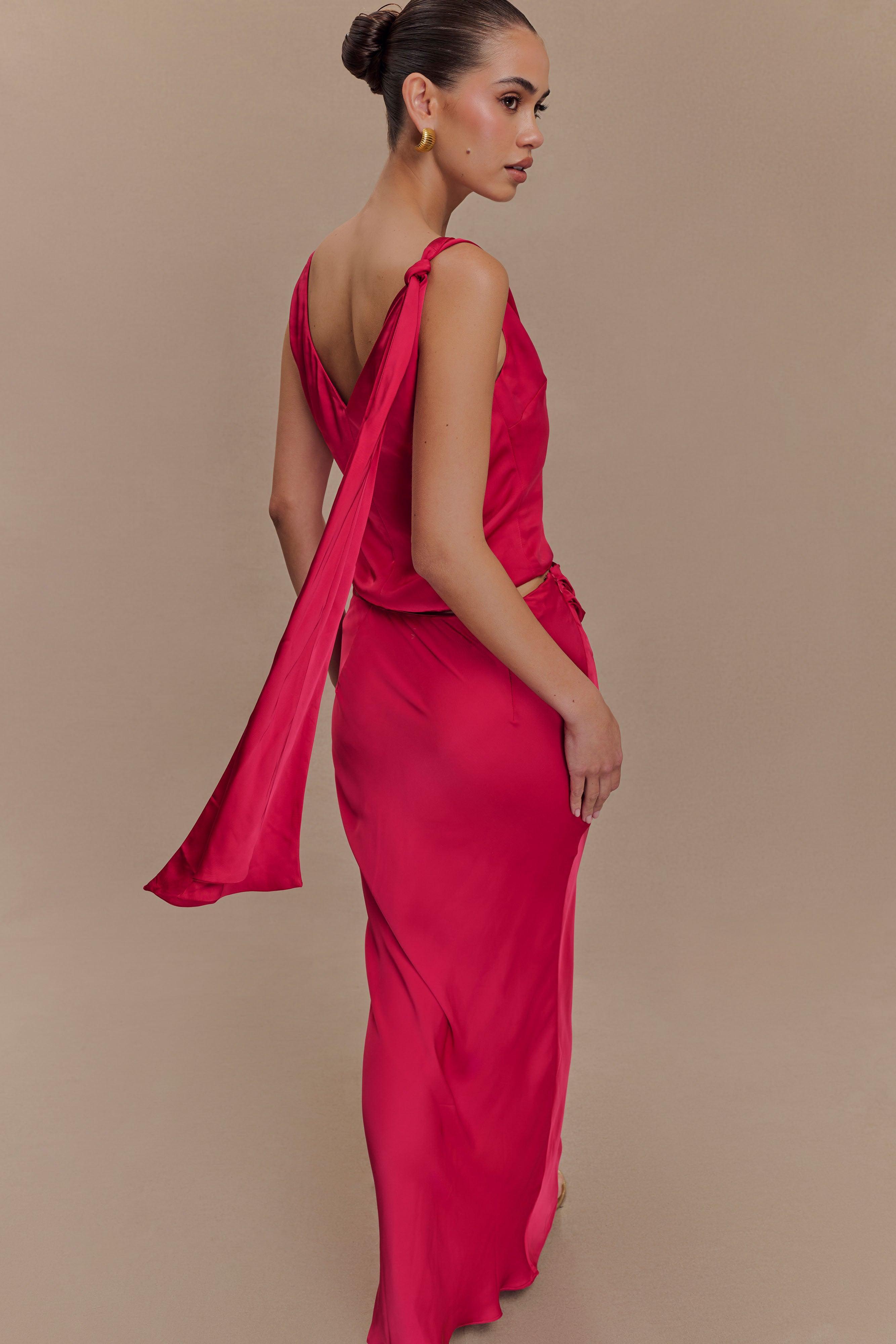 Nicola Satin Asymmetric Maxi Skirt - Pink Cherry Product Image