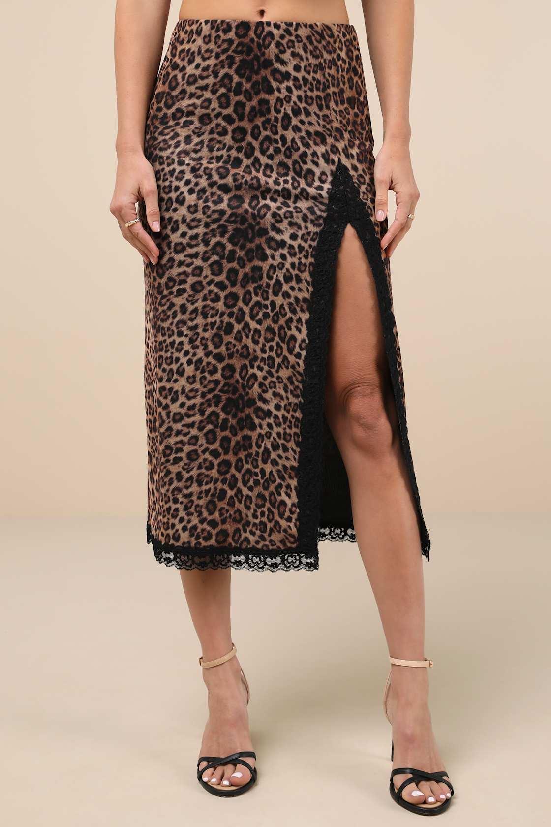 Fierce Attitude Tan Leopard Print Mesh Lace High-Rise Midi Skirt Product Image