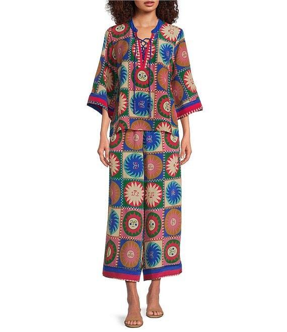 JOHNNY WAS Coordinating Silk Geometric Sun Tile Print Pull-On Wide Leg Crop Pants Product Image