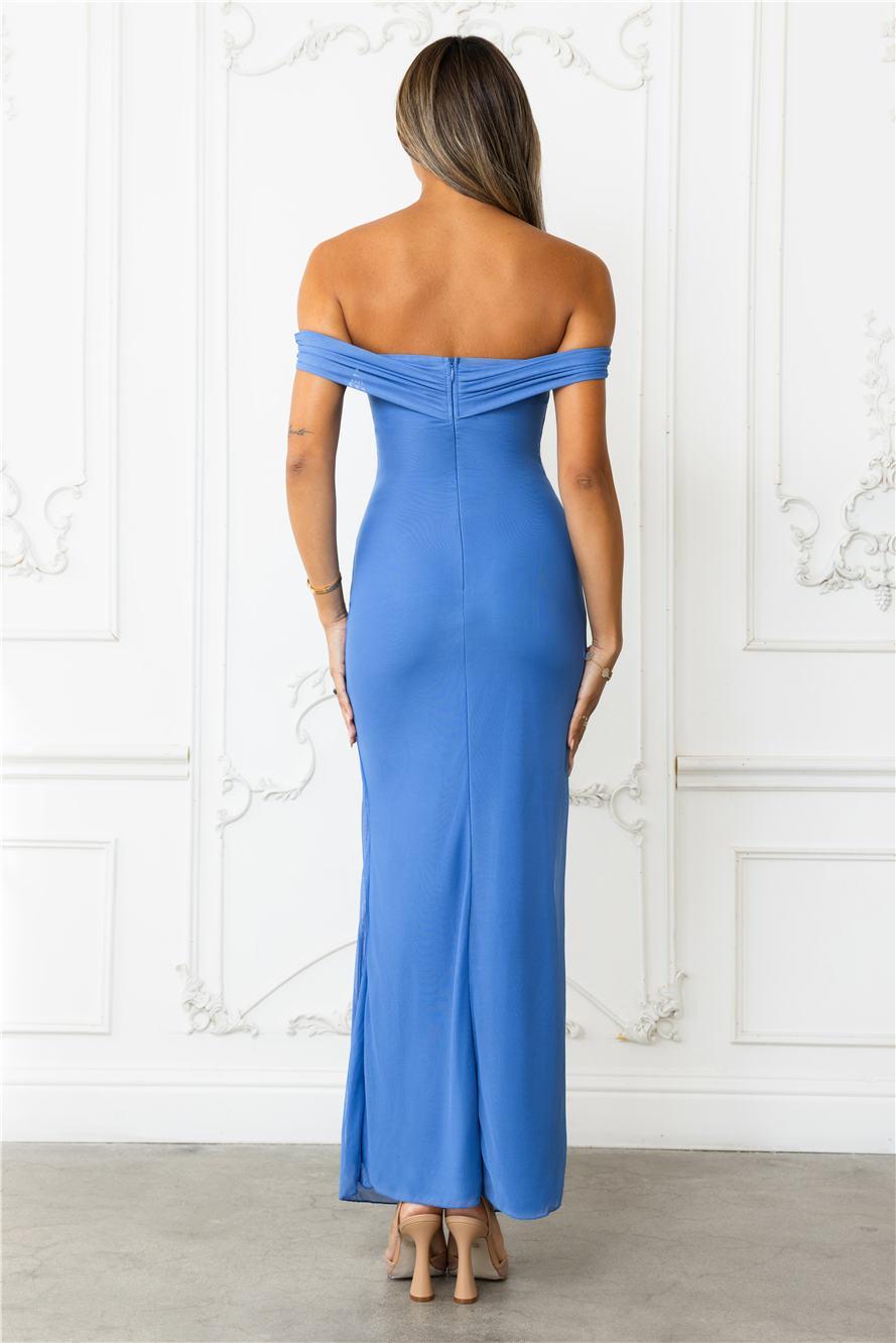 Stepping Back Off Shoulder Mesh Maxi Dress Blue Product Image