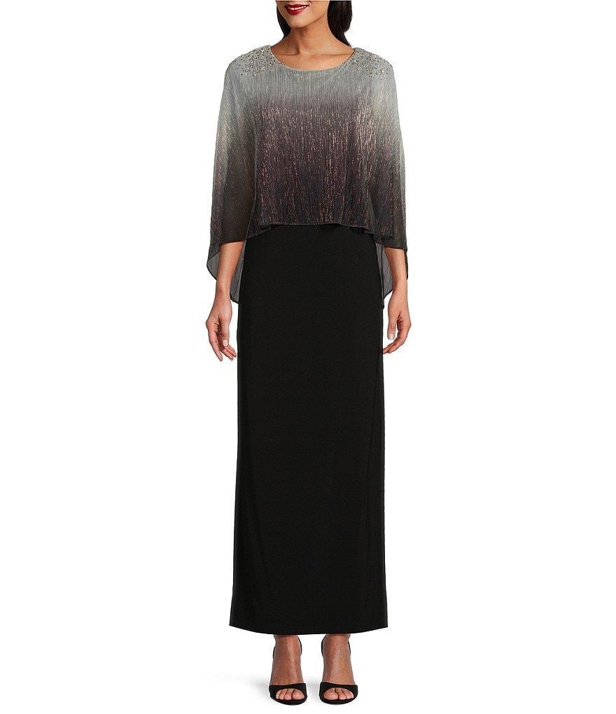 Ignite Evenings Beaded Ombre Popover 3/4 Sleeve Round Neck Gown Product Image