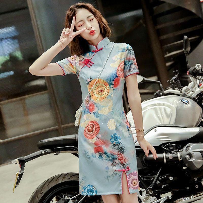 Short-Sleeve Print Mini Qipao Product Image