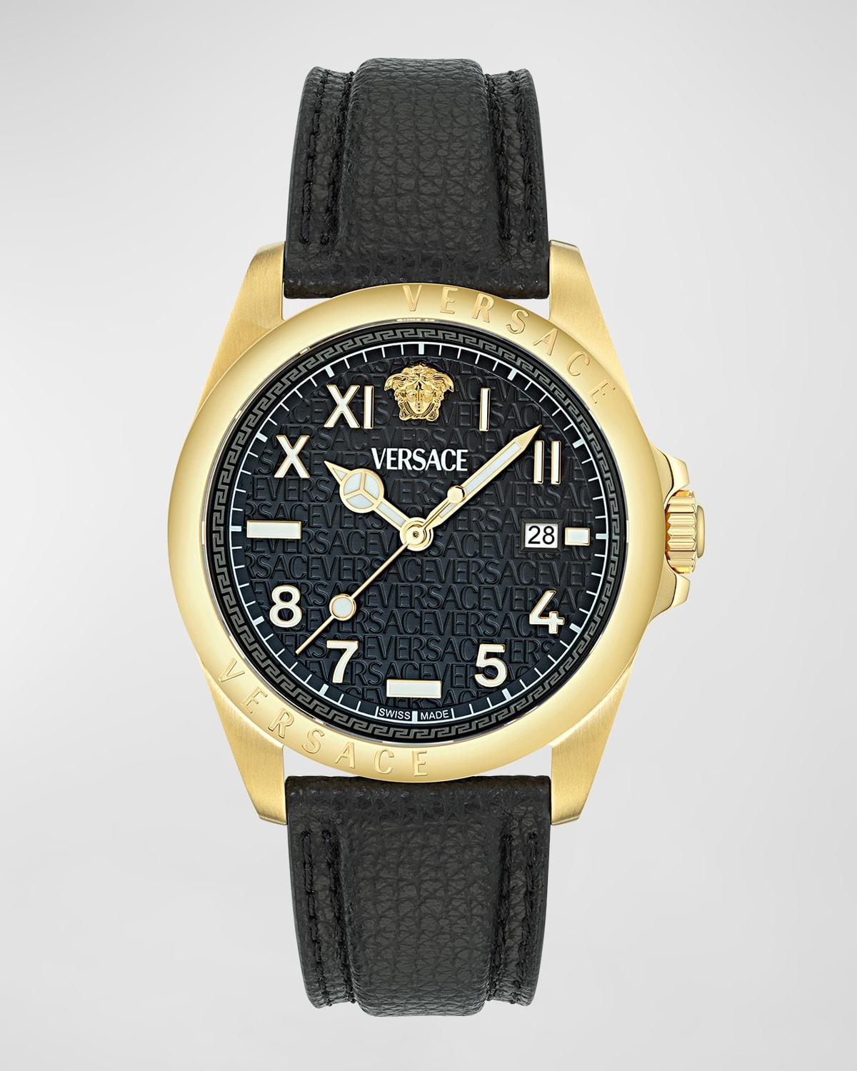 Mens Anteo IP Yellow Gold Leather-Strap Watch, 41mm Product Image