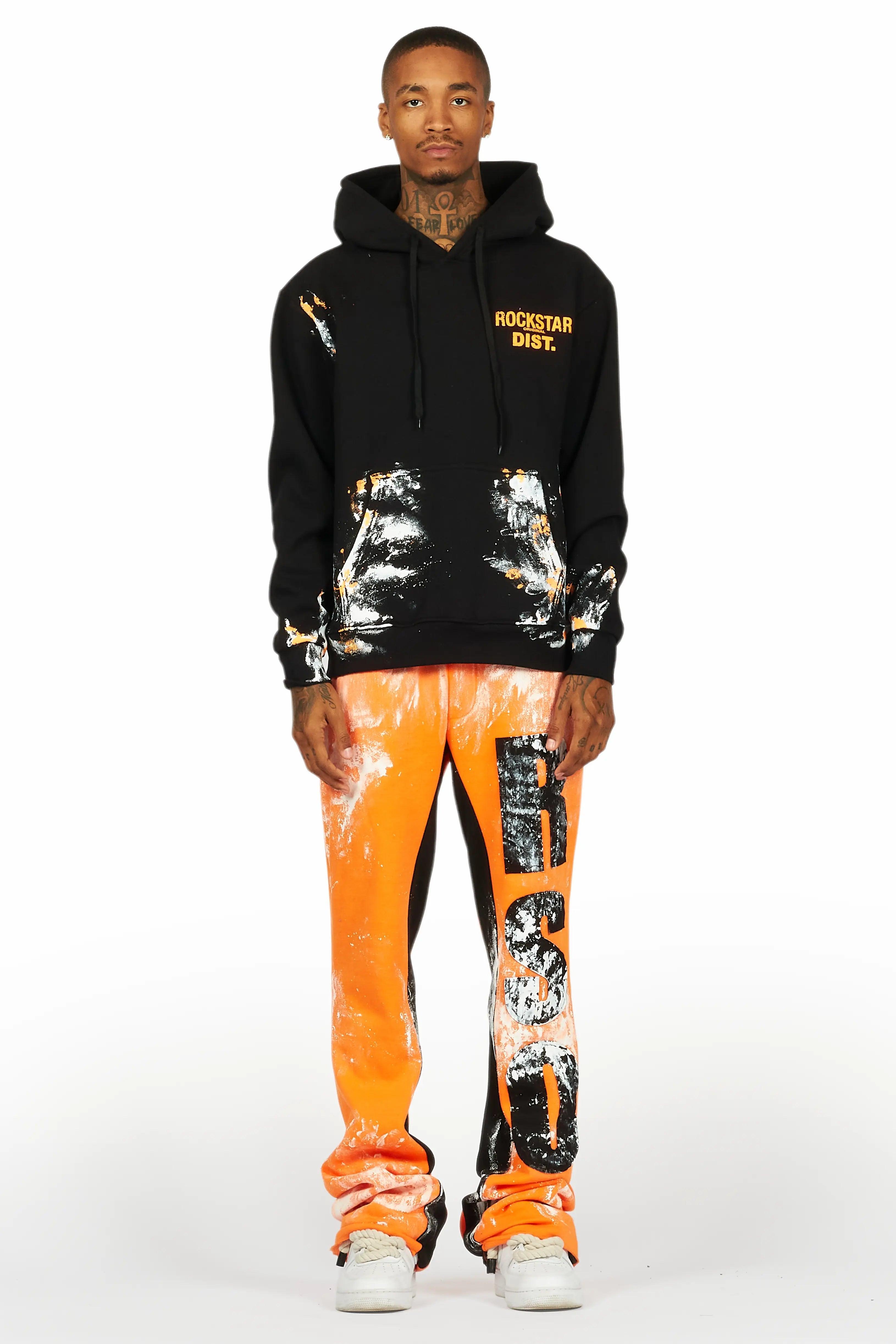 Folly Black/Orange Hoodie/Baggy Stacked Flare Pant Set Male Product Image