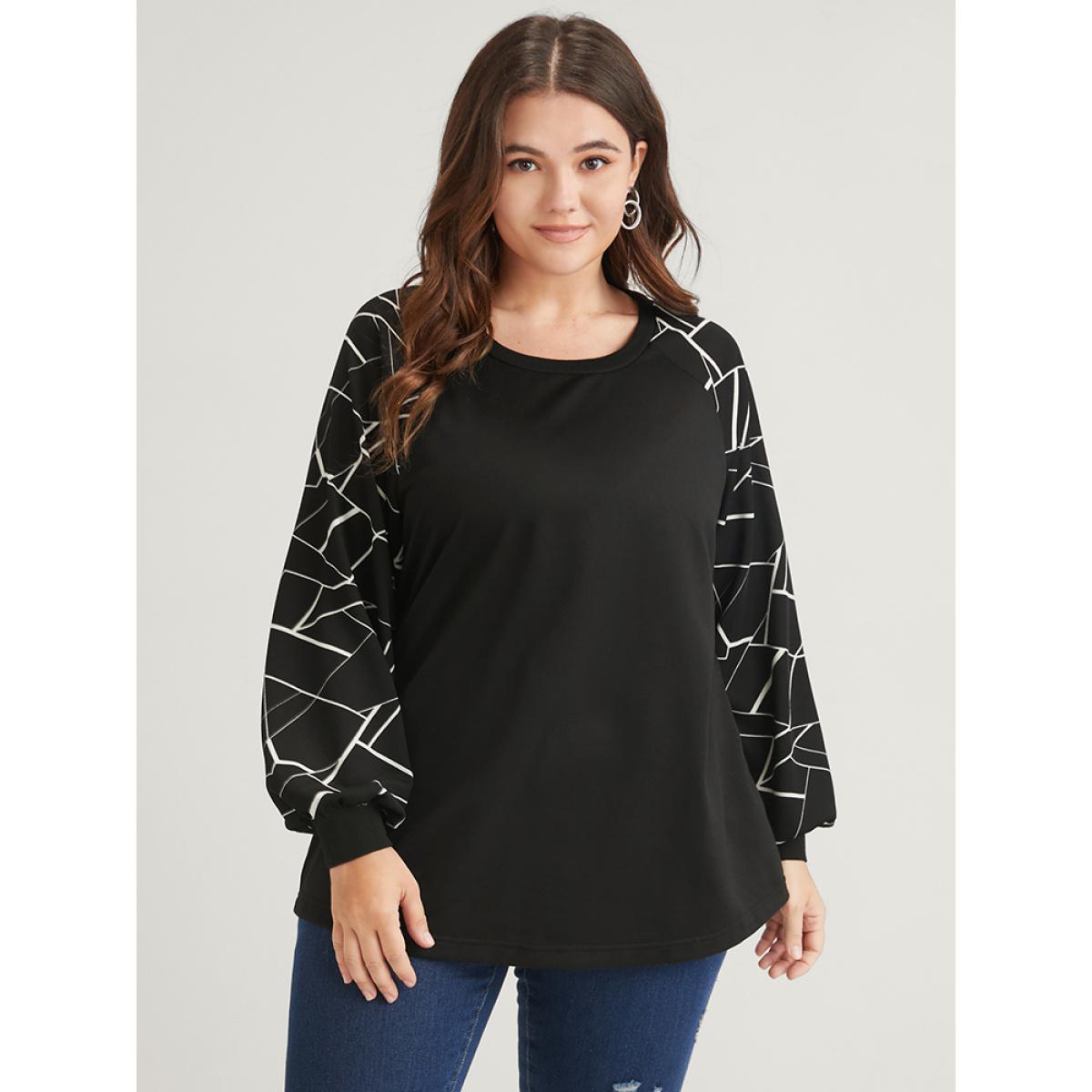 Plus Size Geometric Raglan Sleeve Round Neck Sweatshirt Women Black Elegant Patchwork Round Neck Dailywear Sweatshirts BloomChic 10/M Product Image