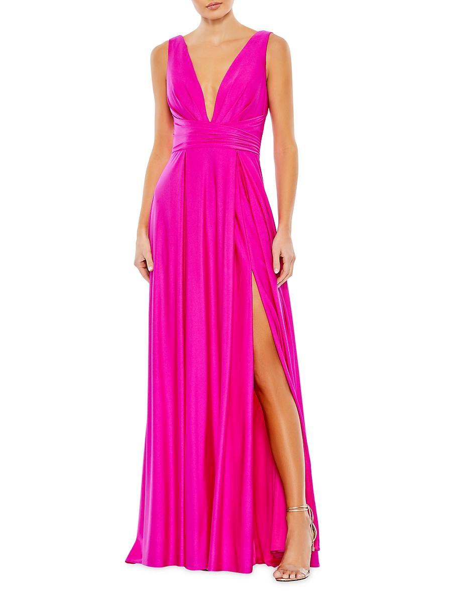 Mac Duggal Pleated Deep V-Neck Sleeveless Empire Waist Thigh High Slit A-Line Gown Product Image